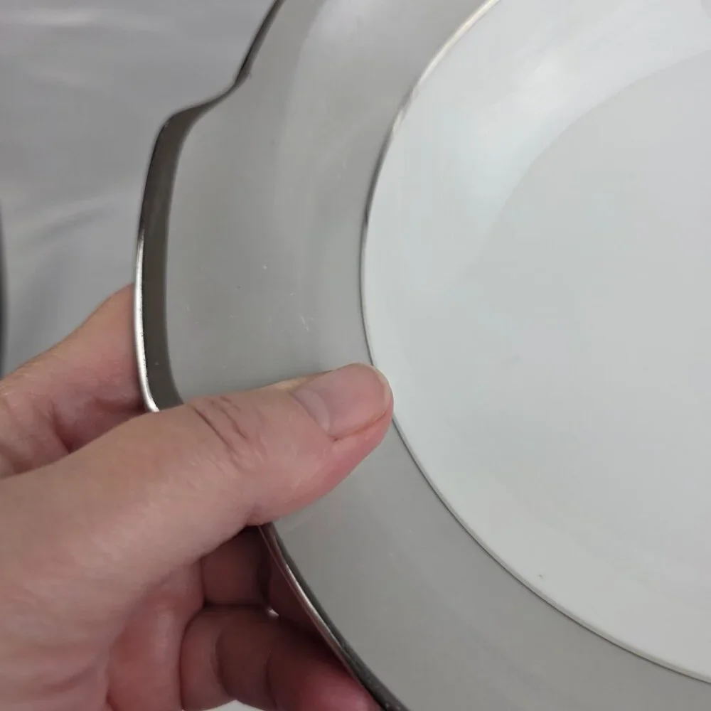 Sango Plantina Round Serving Bowl 9 Inch White with Gray Band & Platinum Trim